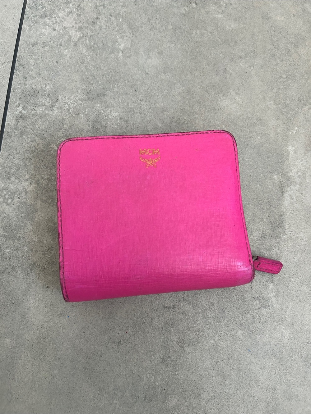 MCM pink compact leather wallet fold zip around